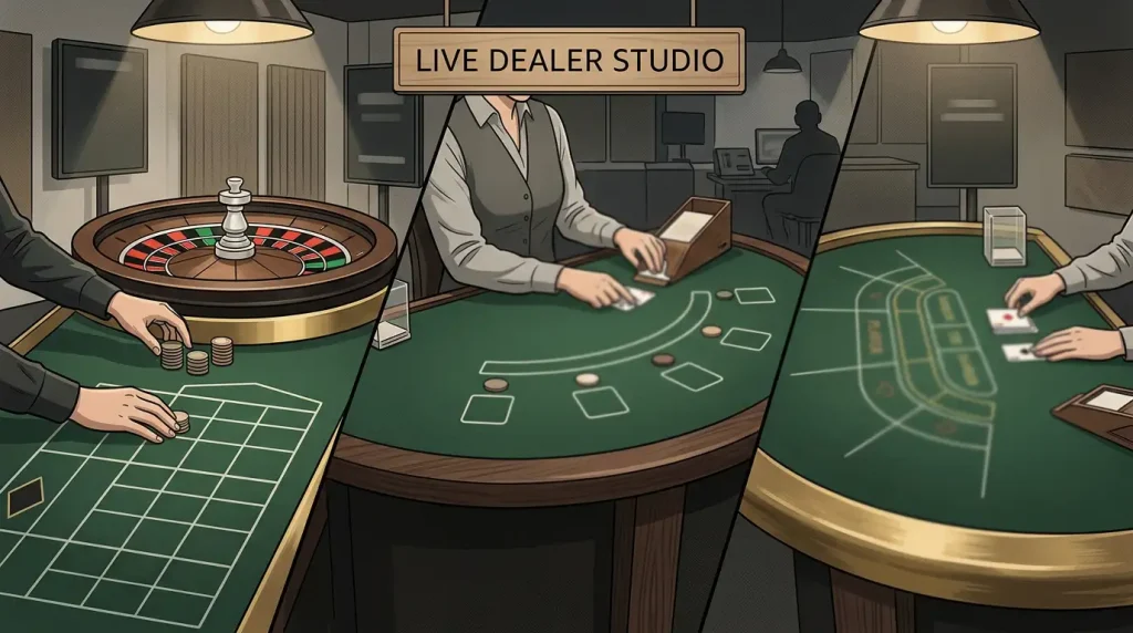 Editorial illustration of live roulette, blackjack and baccarat tables