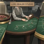 Editorial illustration of live roulette, blackjack and baccarat tables