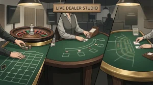 Editorial illustration of live roulette, blackjack and baccarat tables