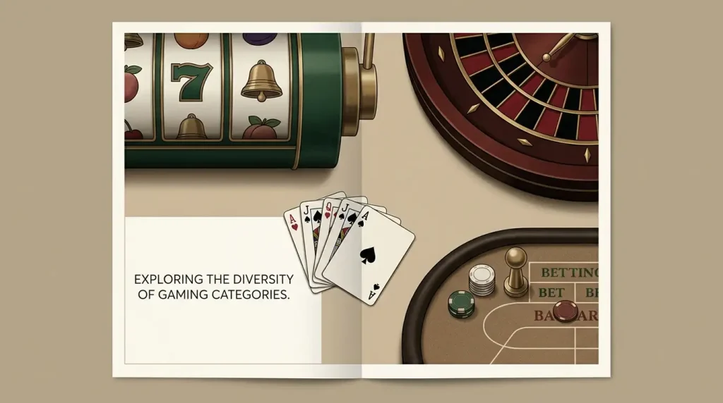 Editorial illustration of slots, roulette, blackjack and baccarat game categories