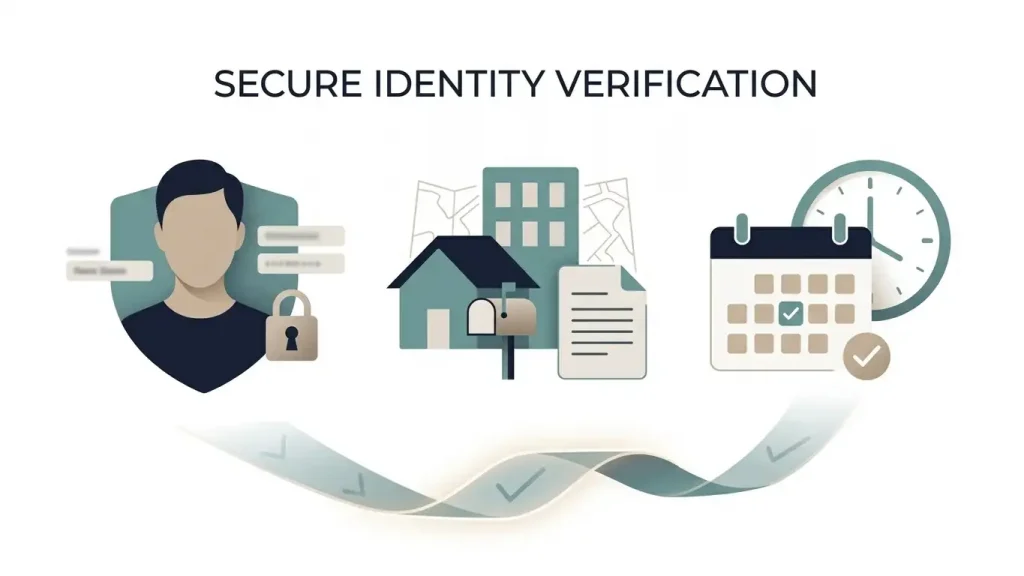 Generic identity verification flow showing name, address and date of birth checks