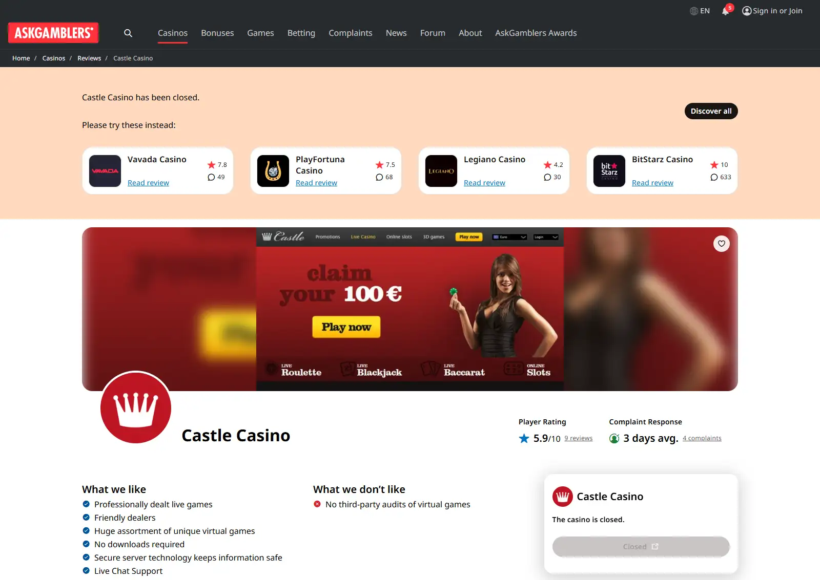 Third-party Castle Casino profile displaying its closed status
