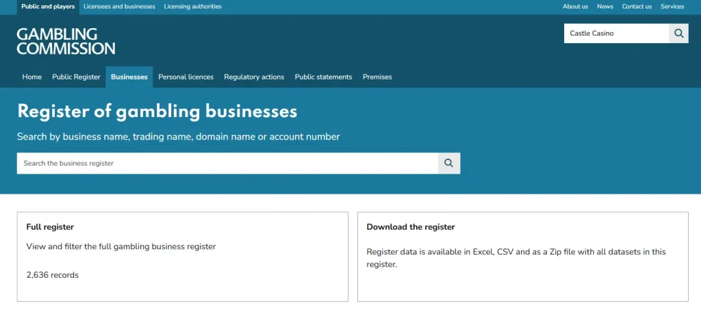 UK Gambling Commission public register used for the Castle Casino licence check