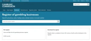 UK Gambling Commission public register used for the Castle Casino licence check